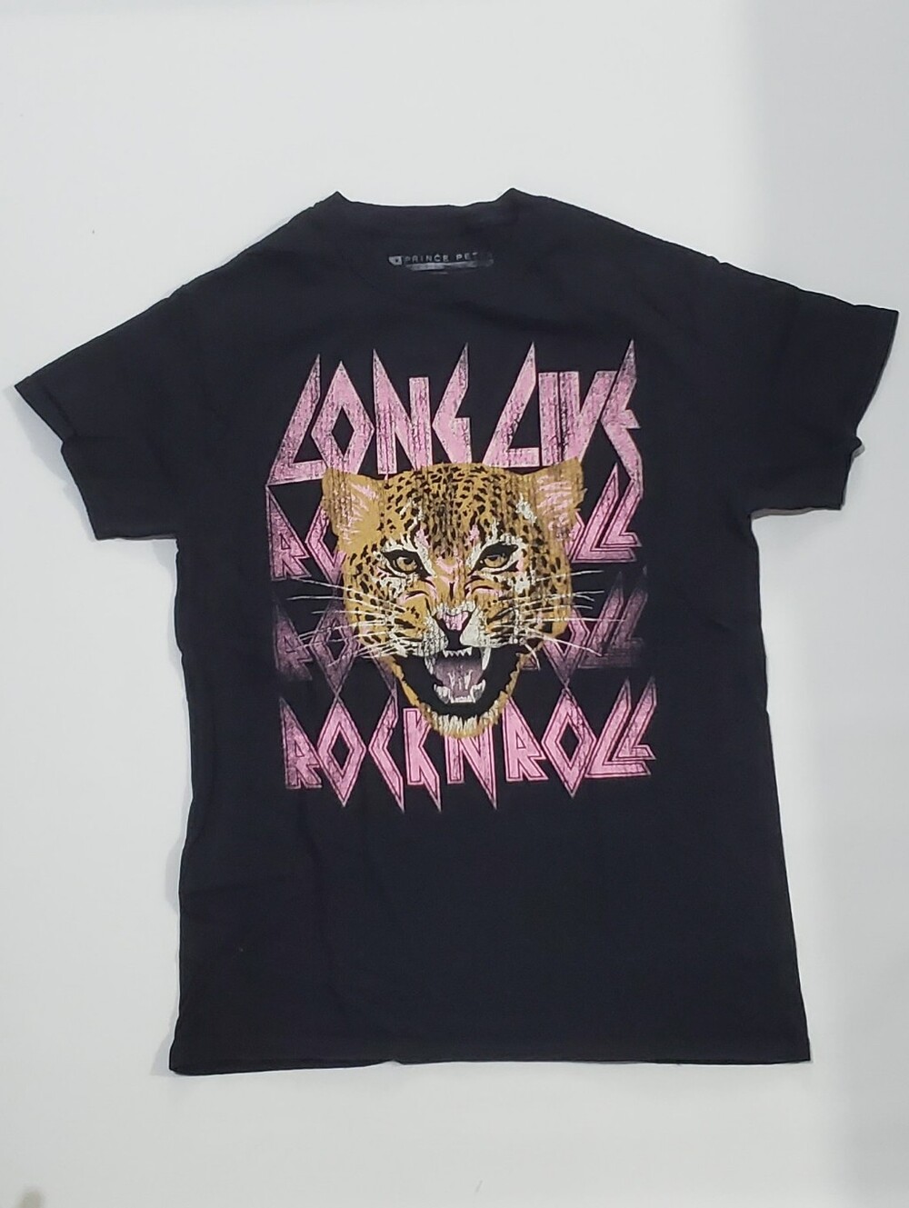 Women Black Graphic Tee with Leopard and Pink 'Long Live Rock n Roll' Print